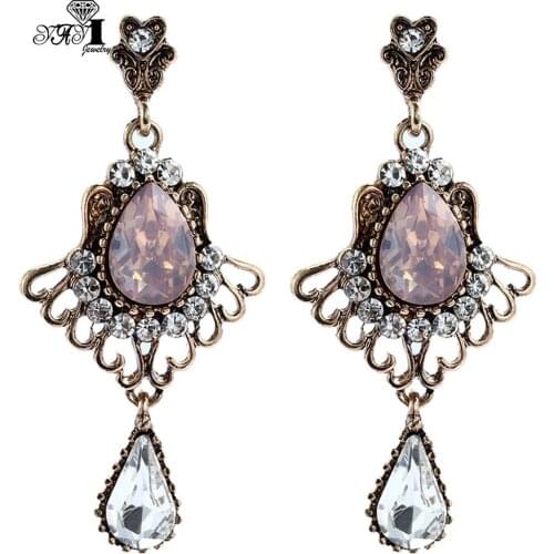 YaYi Jewelry New Pink Glass Rhinestone Dangle Crystal Earring Womens Fashion Ancient Gold Color Gem Earrings Gift 1211