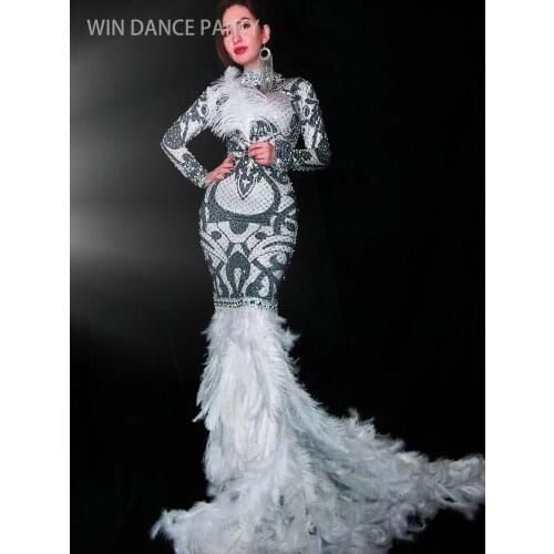 Women Sexy Stage Black White Rhinestones Flowers Feather Dress Glisten Costume Prom Birthday Celebrate Party Dresses