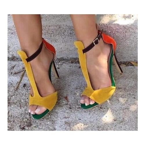 Linamong Yellow Orange Patchwork Buckle Peep Toe Sandals Woman Thin Heels 8CM 10CM 12CM High Heel Party Sandals Shoes Real Photo
