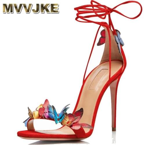 MVVJKESandals Women Butterfly flower decoration high heels Party dress shoes Woman ankle strap zapatos de mujer gladiator sandal