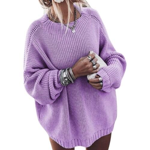 Women Batwing Long Sleeve Sweater O-Neck Oversized Loose Solid Knit Tunic Tops