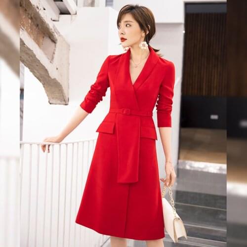 YIGELILA Autumn New Arrivals Red Dress Turn Down Collar Full Sleeves With Belt Dress A-line Office Lady Mid-calf Dress 65386