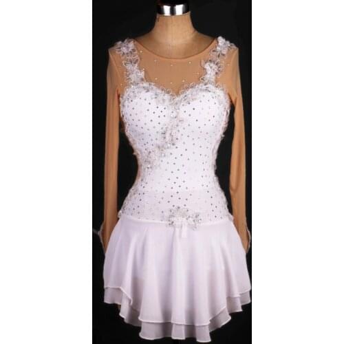 New Ice Skating Dance Competition Dress Female Elegant Long Sleeve White Sequin Crystal Dress Ballroom Dance Costumes DQL3316