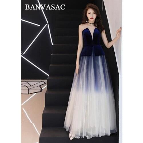 BANVASAC Velvet Strapless A Line Off The Shoulder Long Evening Dresses Party Gradient Color Backless Prom Gowns