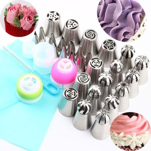 1 Pastry Bag 1 Brush 4 Coupler+Cake Decorating Tool 29Pcs Piping Nozzles Cream Stainless Steel Icing Pastry Russian Cupcake Tips