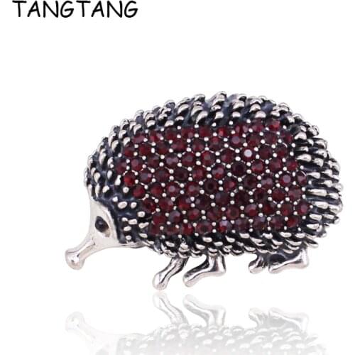 TANGTANG Animal Brooch Hedgehog Brooch Lovely Jewelry Ornament Pins Red Rhinestones Antique Silver-Plate Unisex Ornament Pin