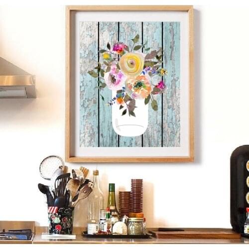 Farmhouse Poster Prints Mason Jar Watercolor Art Canvas Painting Aqua Home Decor Wall Art Picture Kitchen Wall Decoration