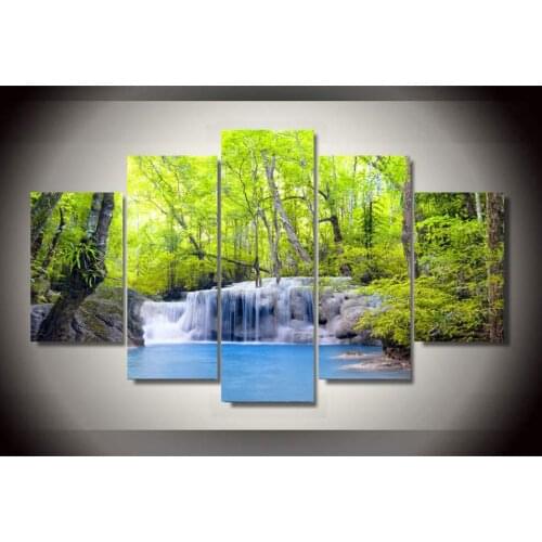 Home Decor Painting Living Room Wall Art Modular 5 Panel Waterfall Forest Landscape HD Printed Modern Canvas Pictures Framed