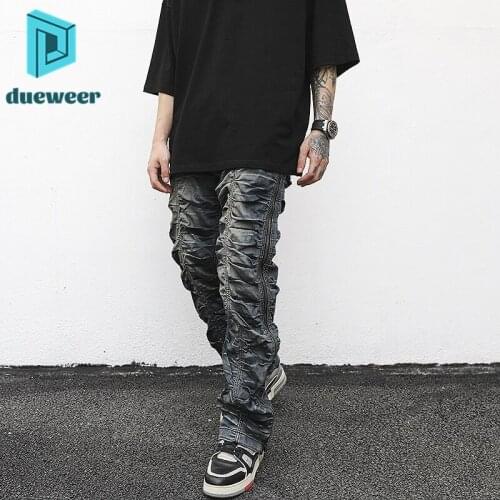 Dueweer Men Pleated Wide Leg Jeans Double Side Zipper Denim Pants Men Vintage Distressed Swag Streetwear Hip HopBiker Jeans