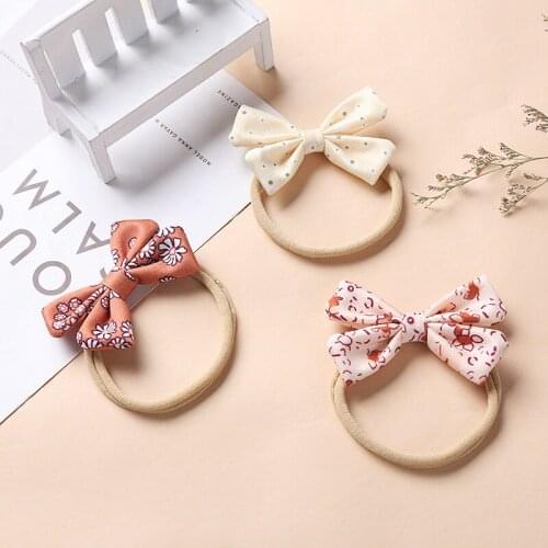 Vintage Print Bowknot Elastic Nylon Hairband Cute Handmade Bows Princess Headband Sweet Kids Hair Accessories Photography Props