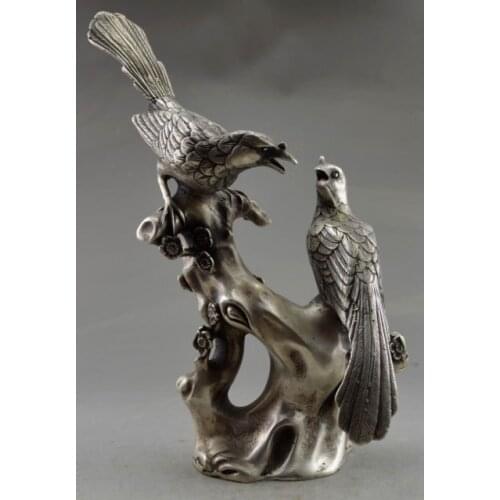 9.25 inch / Exquisite Chinese old Tibetan silver auspicious statue - magpies standing on the plum blossom