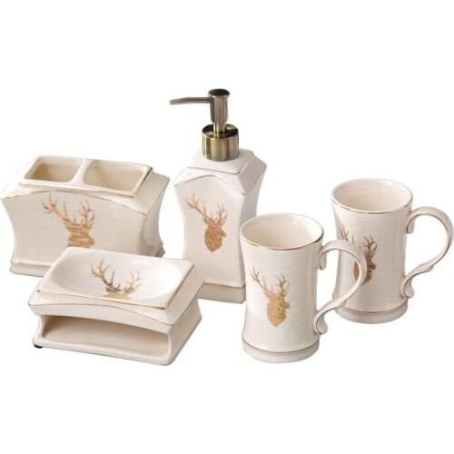 Golden Elk Pattern Ceramic Bathroom Wash Five-piece Set European Fashion Toiletry Appliance Set