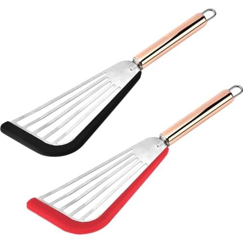 Nonstick Stainless Steel Fish Spatula with Silicone Top Soft Edge Slotted Spatula Turner with Golden Handle for Cooking