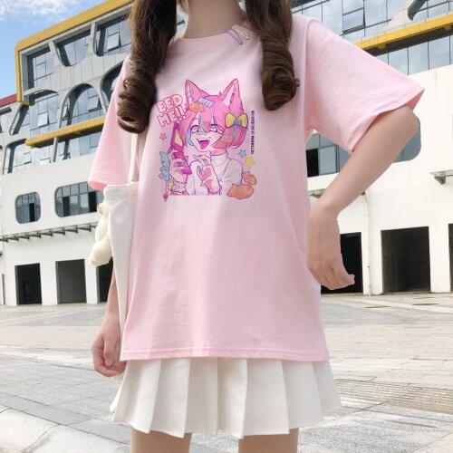 Shinjuku Cute Sweet Cartoon Pink E-Girls Japan Streetwear Harajuku fun Y2K kawaii casual Tops Vintage Loose Summer Women T-shirt
