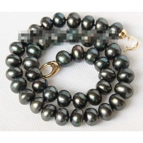 Natural 17" 12 mm peacock black FW pearls necklace yellow CLASP