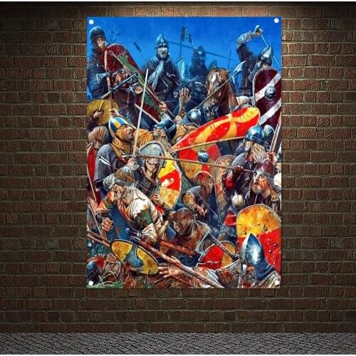 Knights Templar Battle Flag Banners Ancient Art of War Medieval Warriors Poster Canvas Painting Vintage Wall Hanging Tapestry N5