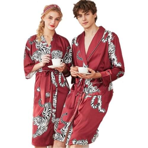 Satin Silk Robe For Women and Men Couple Kimono Printed Tiger Bathrobe Sleepwear Bride Wedding Long Bath Robes Nightgown