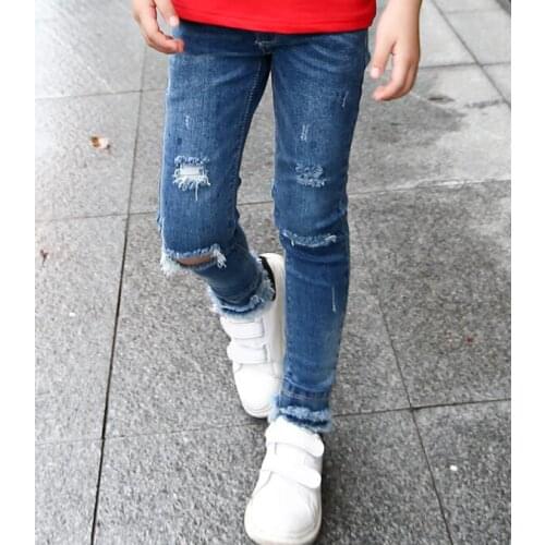 2021 Spring Childrens Clothes Girls Jeans Solid Slim Holes Denim Blue Baby Girl Causal Jeans For Girls Big Kids Long Trousers