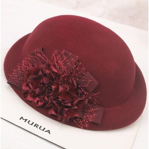 Lady Fedoras Wool Hat Female Flowers Dome Cap Winter Woolen Hats Womens Woolen Berets Cap British Retro Hats Adjust B8960
