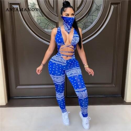 ANJAMANOR Bandana Jumpsuits for Women 2020 Clubwear Sexy One Piece Outfit Plus Size V Neck Hollow Out Bodycon Rompers D42-CB28