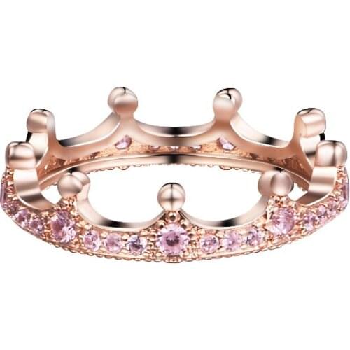 Authentic 925 Sterling Silver Ring Pink Enchanted Crown Rose Gold Rings for Women Wedding Party Gift anillos berloques Wholesale