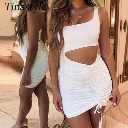 Tinastyle White Strapless Sexy Bodycon Mini Dress Women Cut Out Pleated Bandage Summer Dress Casual Short Beach Dress Vestidos