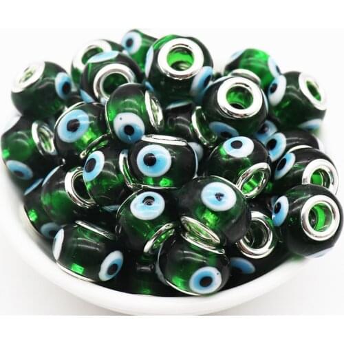 10Pcs Large Hole Green Evil Eye European Lampwork Glass Beads Charms Fit Pandora Bracelet Bangle Necklace Women DIY Hair Jewelry