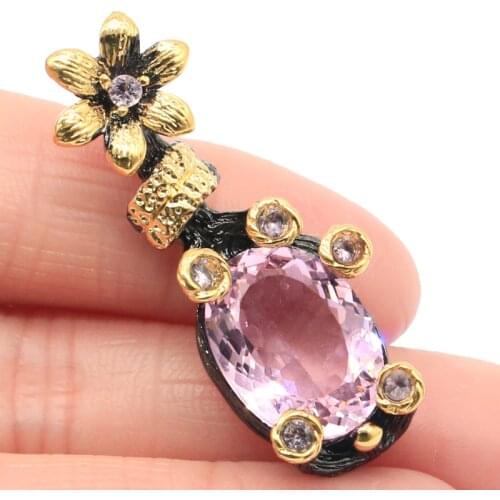 39x15mm SheCrown Gothic Vintage Created Pink Kunzite Smokey Quartz Blue Topaz For Man Black Gold Metal Silver Pendant Hiphop