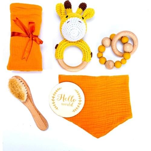 Bite Bites 5Pcs/1Set Baby Bath Toy Set Double Sided Cotton Blanket Wooden Rattle Bracelet Crochet Toys Baby Bath Products