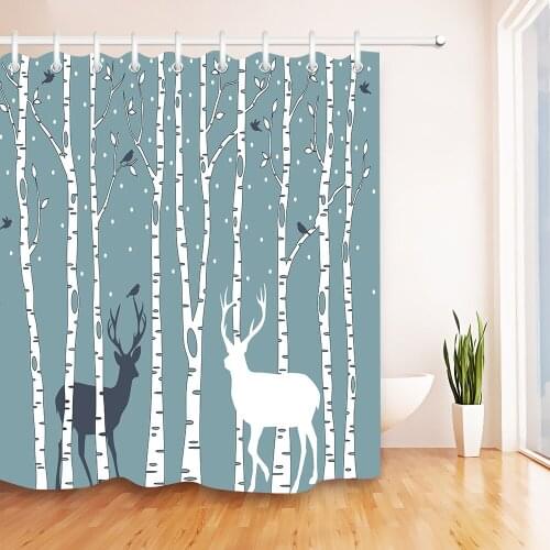 72'' Birch Trees With Birds And Deer Cartoon Bathroom Waterproof Fabric Shower Curtain Polyester 12 Hooks Bath Accessory Sets