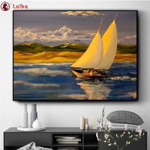 Diamond embroidery Abstract landscape art, sailing boat on the lake full square round drill diamond painting 5d diy diamond