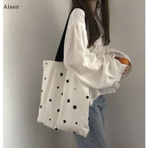Alasir Korean Style Simple Canvas Bag Ins Dot Small Women Shoulder Canvas Student Zipper Handbags Female Casual Tote Bags