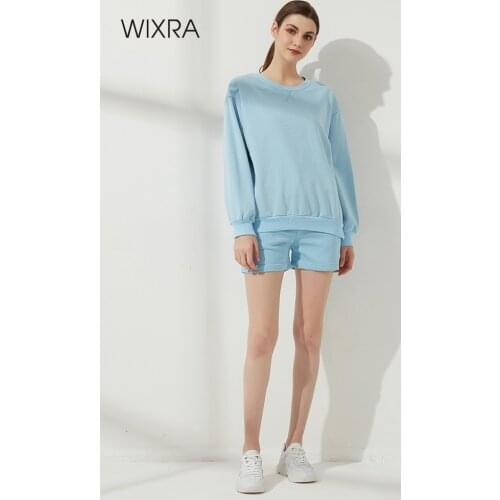 Wixra Womens Solid Casual Sets O Neck Tops Elastic Waist Drawstring Shorts Spring Summer Basic Sweatshirts Suits