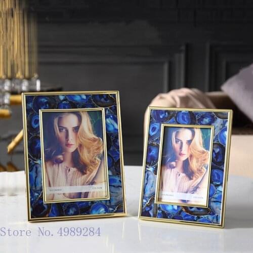 Creative Metal Photo Frame Blue Agate Stone Pattern Rectangle Photo Storage Display Desktop Display Accessories Home Decoration