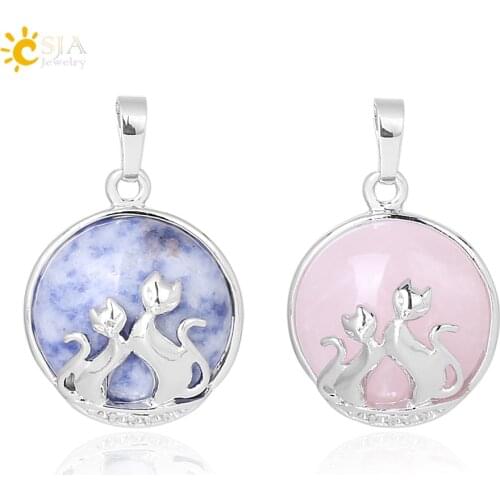 CSJA Cat Pendant for Necklace Natural Stone Round Flat Beads Double Cats Lover Jewelry Love Heart Pendants Girl Women Gift F333