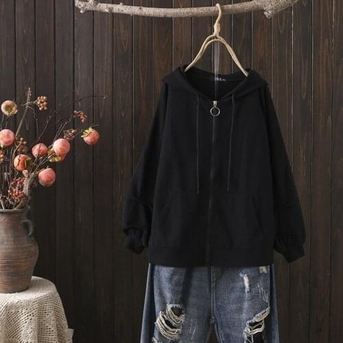 Plus Size 2XL-5XL Black Grey Womens Hooded Zipper Up Cotton Jackets Casual Solid Sportswear Outerwear