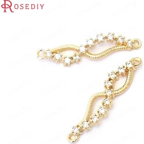 39103)10PCS 25x5.5MM 24K Gold Color Brass and Zircon 2 Holes Connect Charms Pendants Jewelry Making Supplies Diy Accessories