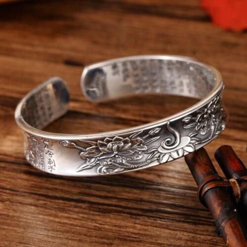 MeibaPJ Real S999 Sterling Silver Relief Lotus Prajna Paramita Heart Sutra Open Bracelet Exquisite Party Gift Jewellery