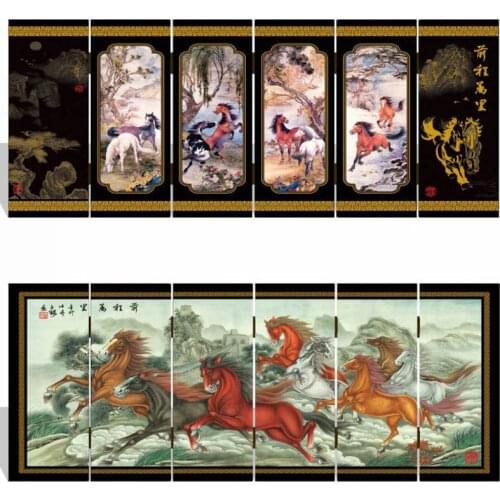 MINI Folding Screens 6 Joined Panels Decorative Painting Wood Byobu Glorious Future Brilliant Prospect Xubeihong Painting Horse