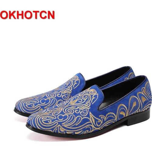 Embroidered Mens Suede Shoes Blue Red Casual Leather Men Shoes Plus Size MenS Loafers Noble Gold Floral Print Mocasines Hombre