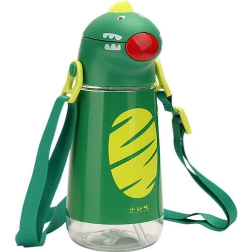 New Pinkah Children Straw Kettle with Shoulder Strap Portable School Plastic Water Bottle Creative Cartoon Dinosaur Shape 450ML