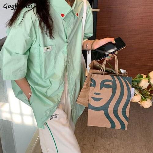 Solid Shirts Women Heart Embroidery Simple Leisure Short Sleeve Female Tops Oversize Ulzzang All-match Summer Korean Ins Stylish