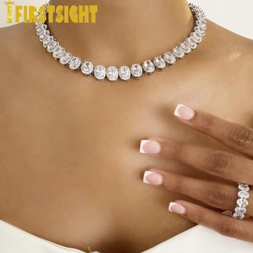 New Sparking Oval 5A CZ Charm Necklace Silver Color Iced Out Bling Zircon 10mm Tennis Chain Necklaces Hip Hop Women Men Jewelry