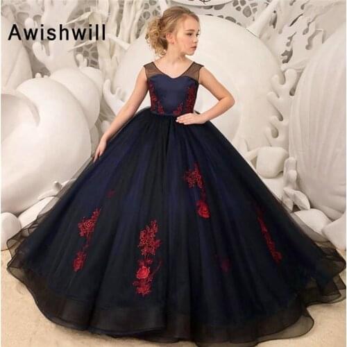 Navy Blue Flower Girl Dress Ball Gown 2020 V Neck Applique Tulle Sleeveless Communion Dresses Girls Birthday Party Dress