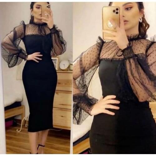 Elegant Short Black Tulle Evening Dresses Long Sleeve Zipper Back Stretchy Satin Abendkleid Robes de Soirée for Women