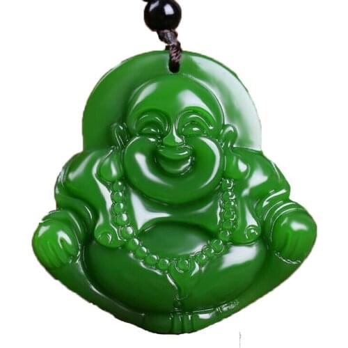 Dropship Natural Nephrite Jades Green Buddha Pendant Hand Carved Maitreya Pendant Necklace for Men and Women