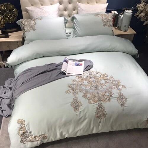 80S Egyptian Cotton Embroidered Luxury Royal Bedding Set 4/6Pcs King Queen Duvet Cover Bed Sheet set Decorative Pillowcases blue