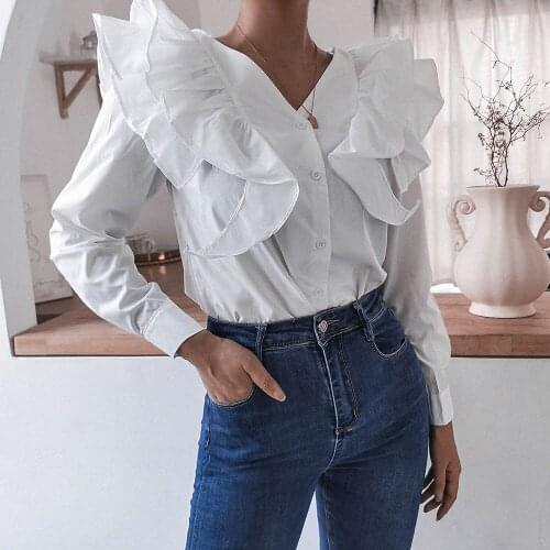 Ruffle Patchwork Shirts Women Blusas Mujer Single Breasted Long Sleeve V Neck Blouse Female Solid Color 2021 New Tops Ladies