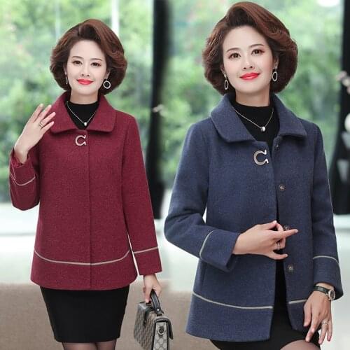 Middle-aged Elderly Womens Woolen Jacket Spring Autumn Plus Size 5XL Casual Wool Coat Fashion Short Female Tops Mother Dress