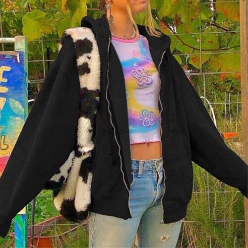 New Fashion Zipper Oversized Hoodies girl Vintage Solid color Long Sleeve Black Sweatshirts Autumn Outfits